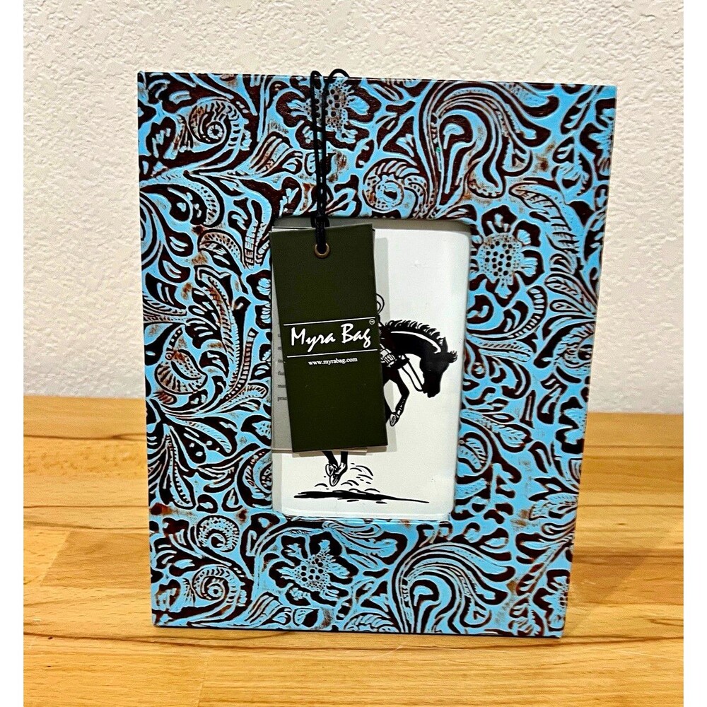 Myra Bag Blue/Brown Floral Western Leather Photo Frame, Freestanding 4x6 photo